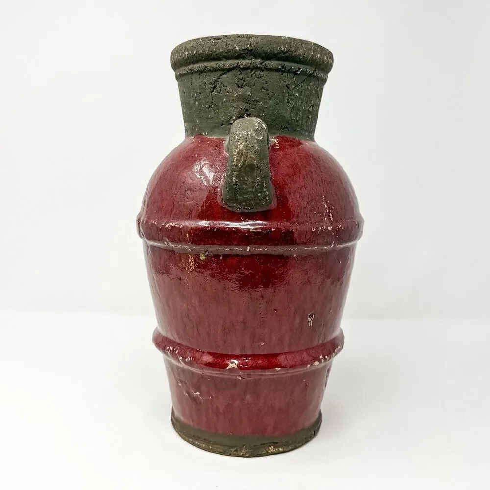 Vintage Rustic Studio Pottery Vase Oxblood Red Folk Art Handcrafted 12”